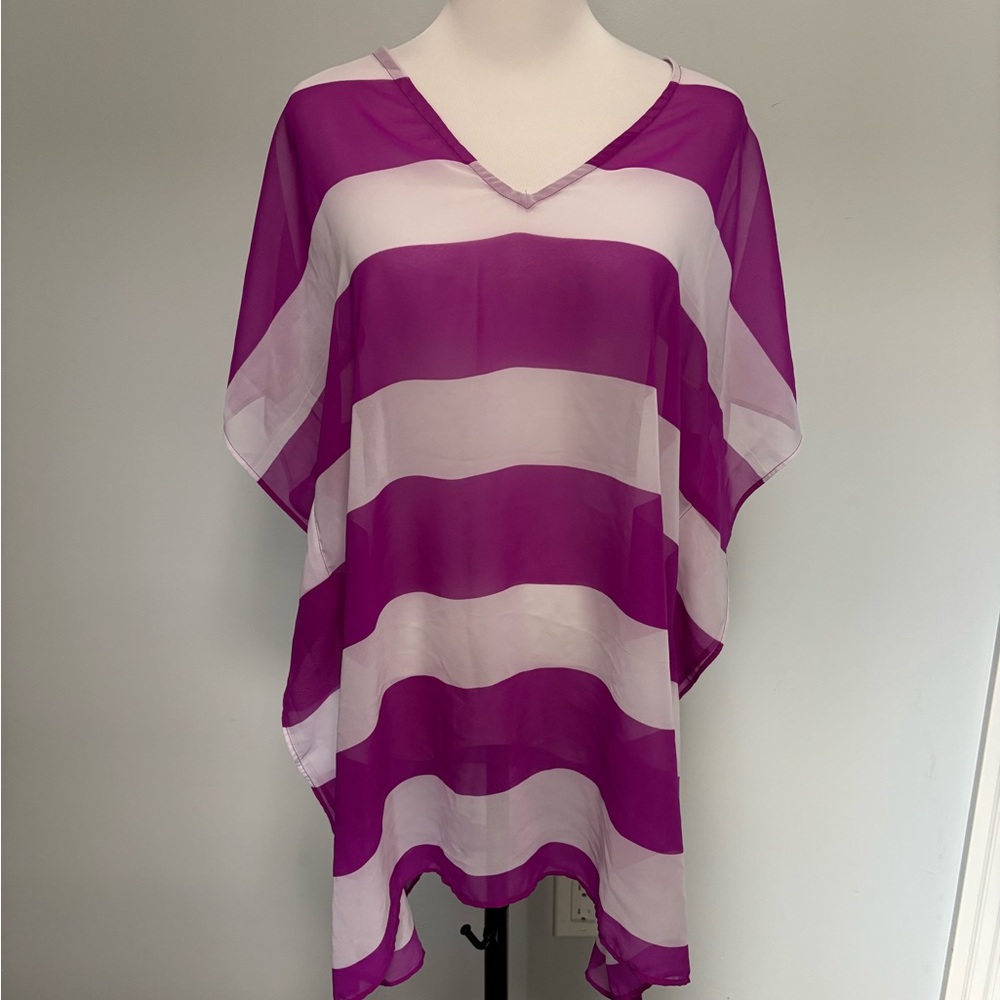Old Navy Magenta and White Striped Swim Cover-Up